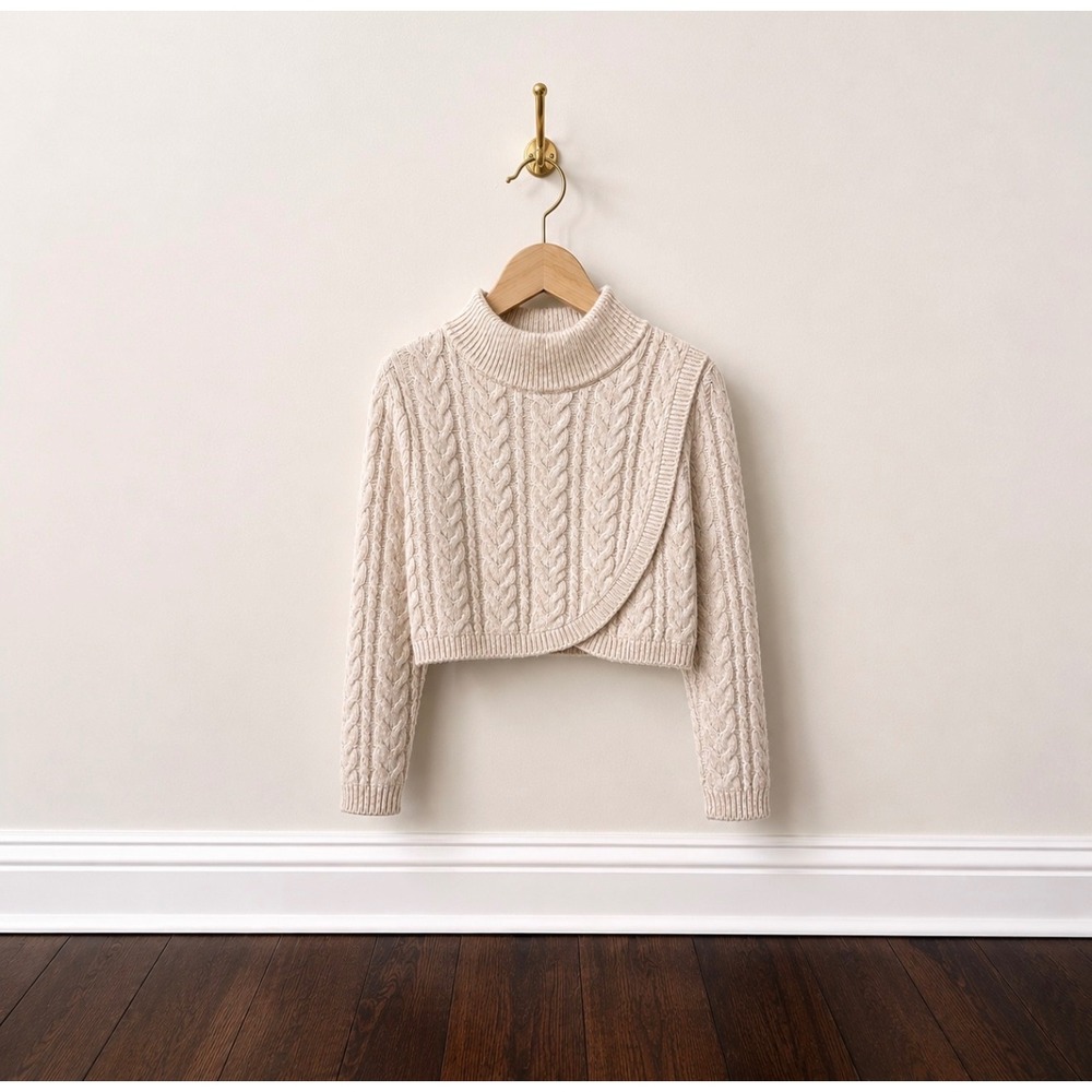 Generation K Womens XL Cream Cable Knit Crossover Tulip Hem Mock Neck Sweater